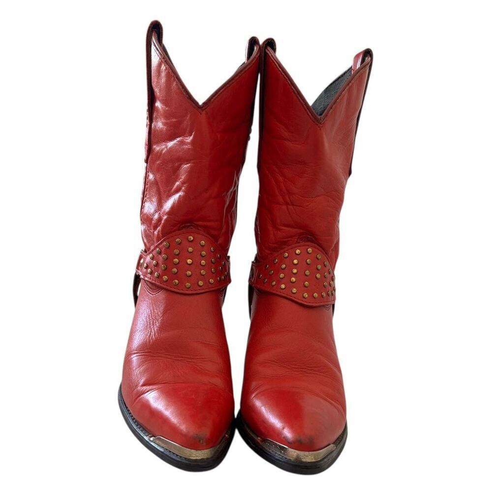 Wrangler Red Leather Studded Cowboy Hippie Boho Western Biker Boots 7.5M 80s 90s - Picture 7 of 12